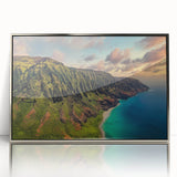 Mid-century modernist art depicting Kauai's lush landscapes on silver-framed acrylic, with vibrant green and blue tones.