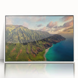 Art deco poster of Kauai scenery in muted green and blue tones on framed acrylic, suitable for modern nursery wall art.