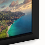 Close-up of textured black wall art depicting a vibrant Kauai, Hawaii scenery on a framed canvas.