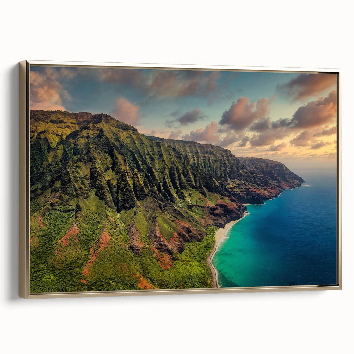 Framed canvas wall art featuring a vintage-style landscape of Kauai, Hawaii in muted gold and black tones.