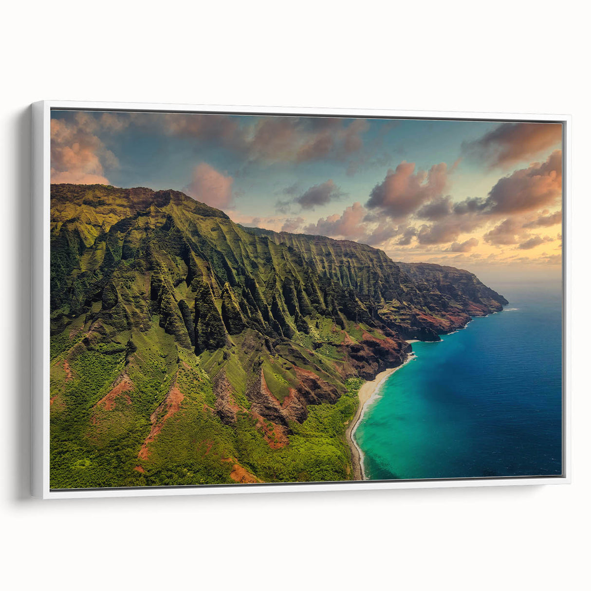 Vintage poster art of Kauai scenery on extra large framed canvas, featuring vibrant colors ideal for living room decor.