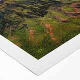 Art deco poster of Kauai landscape with lush greenery and waterfalls on rolled canvas, suitable for dining room wall art.
