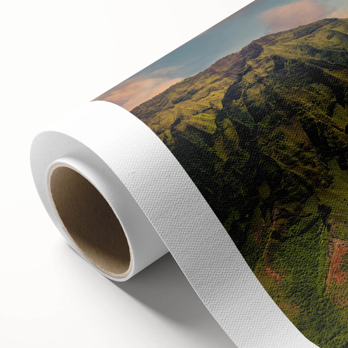 Art deco poster of Kauai scenery on rolled canvas, featuring soft pastel colors, ideal for nursery wall art.