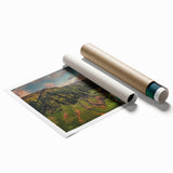 Extra large rolled print of a serene Kauai landscape with lush greenery and waterfalls, ideal for classy bathroom wall art.
