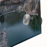 Mid-century modernist abstract landscape of Idaho in muted earth tones on large acrylic glass, suitable for dining room art.