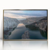 Large art print of an Idaho scenery in gold frame, acrylic, with mid-century modernist style.