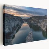 Side view of a stretched canvas depicting a serene Idaho landscape in soft earth tones, suitable for kitchen wall art.