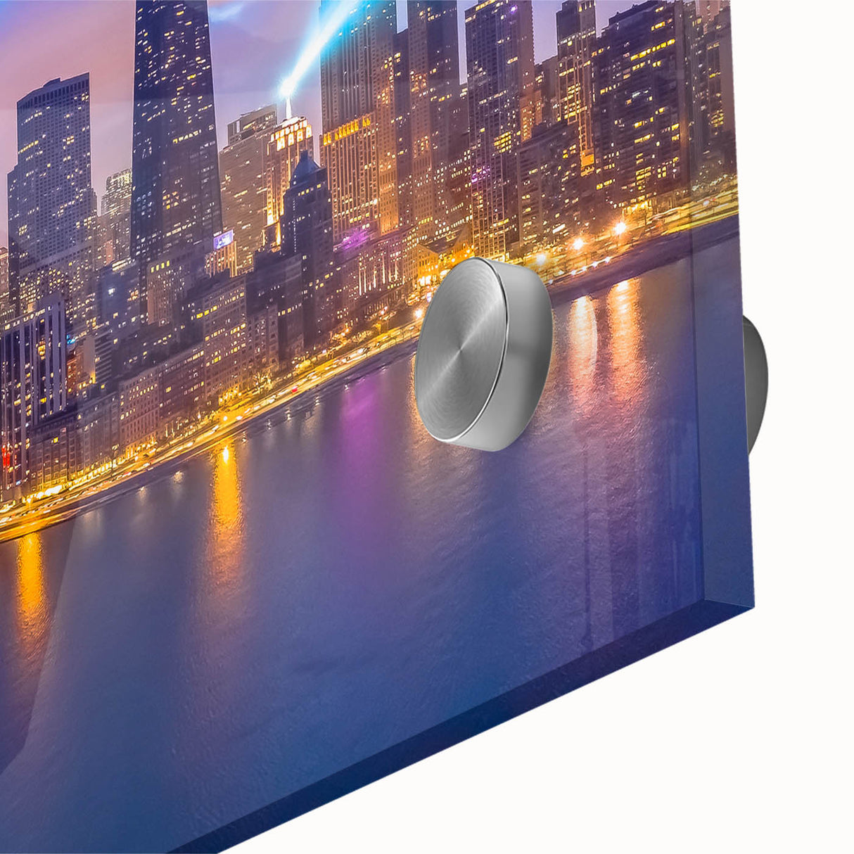 Large abstract depiction of Chicago skyline in muted blues and greens on acrylic glass, ideal for dining room art.