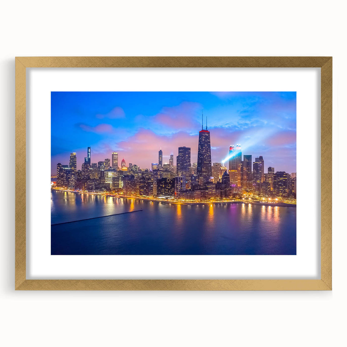 Extra large abstract art print of Chicago skyline in muted gray and blue tones on a textured canvas.