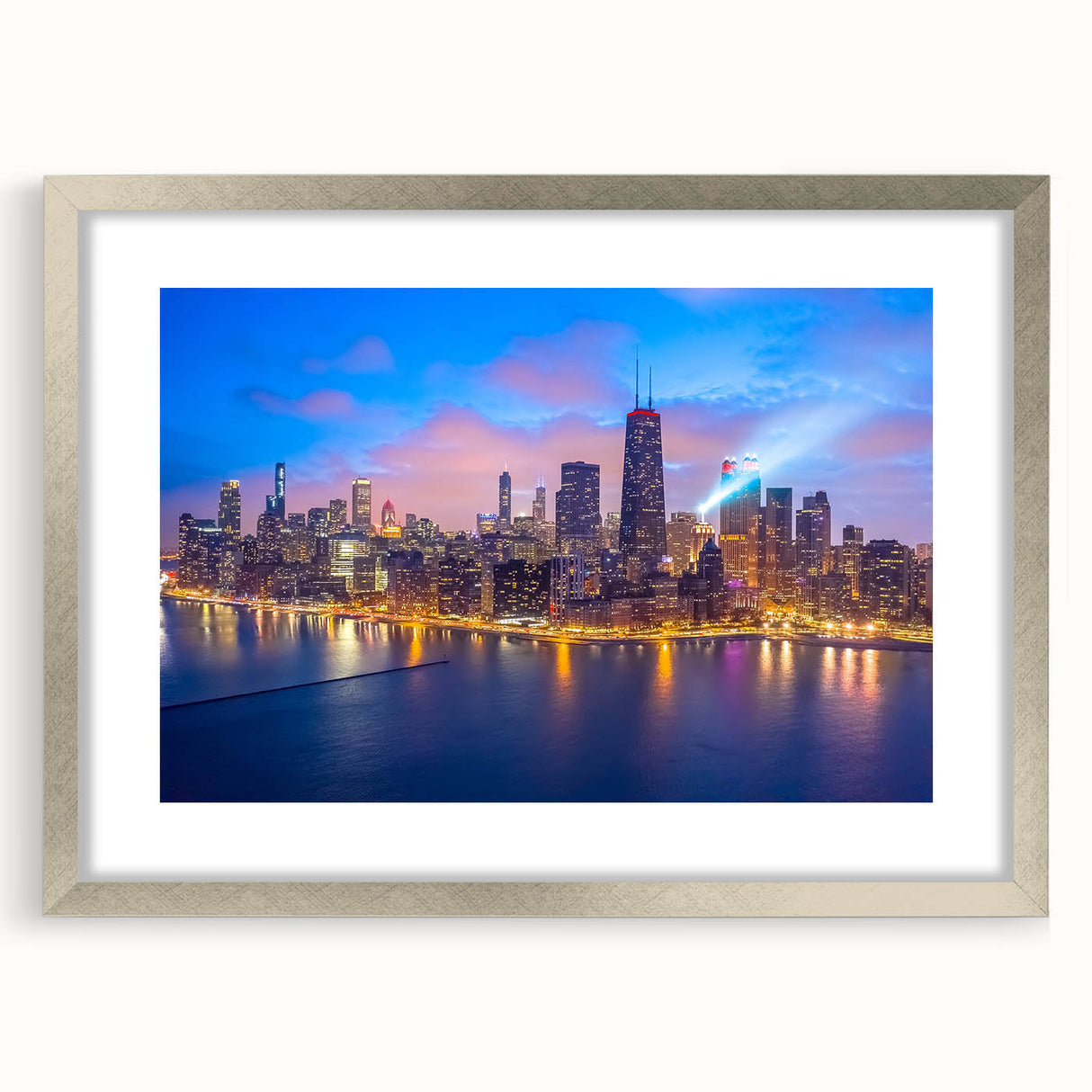 Textured art print of abstract Chicago skyline in muted gray and silver tones on a framed canvas, suitable for bedroom decor.