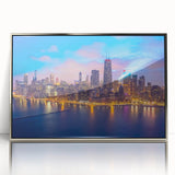 Mid-century modernist art depicting Chicago skyline in acrylic, framed in silver, ideal for modern art wall decor.