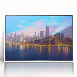 Art deco poster of Chicago skyline in muted colors on white framed acrylic, suitable for modern art wall decor.