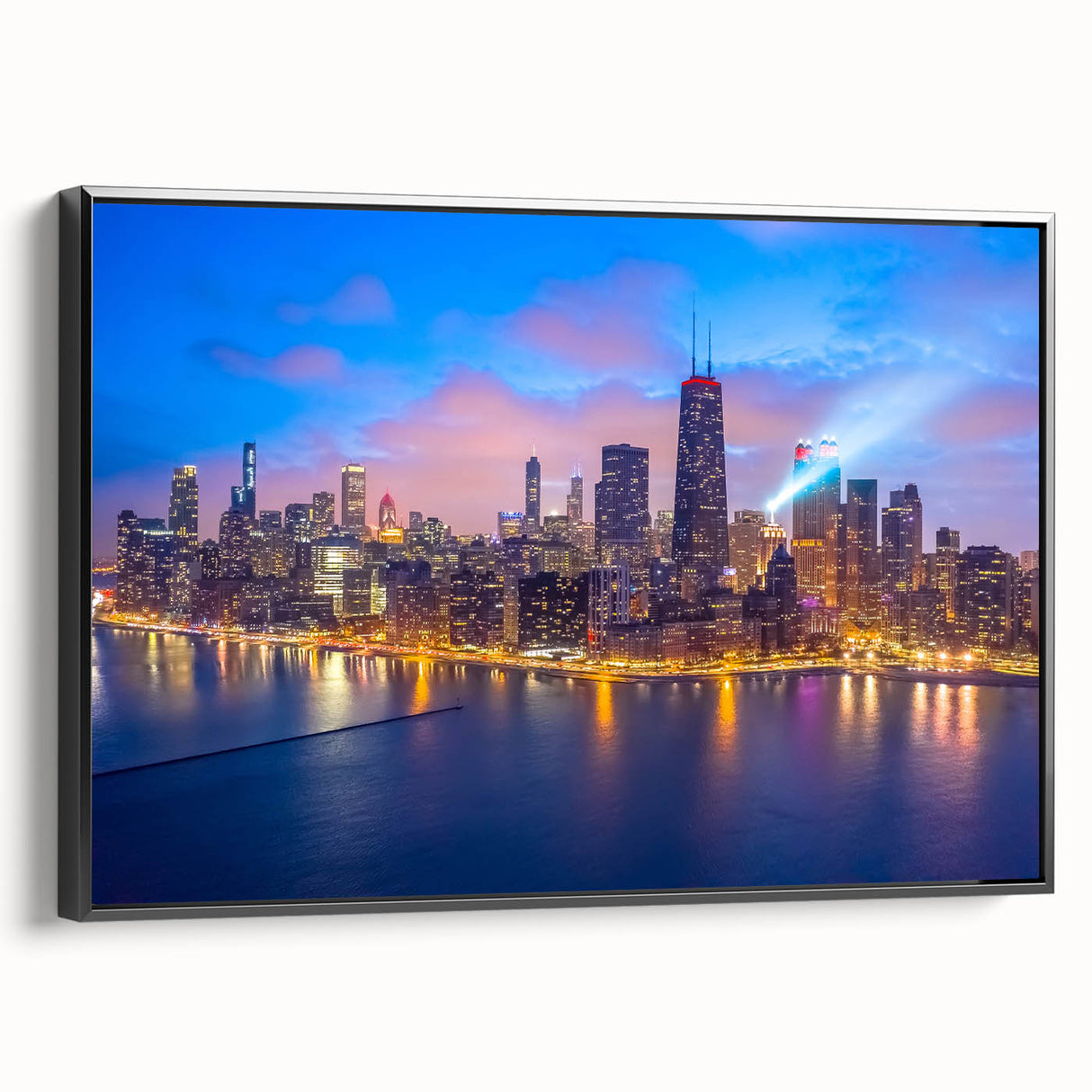 Black and white framed canvas of Chicago skyline, ideal for bedroom wall art with a vintage poster style.