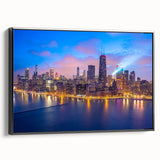 Black and white framed canvas of Chicago skyline, ideal for bedroom wall art with a vintage poster style.