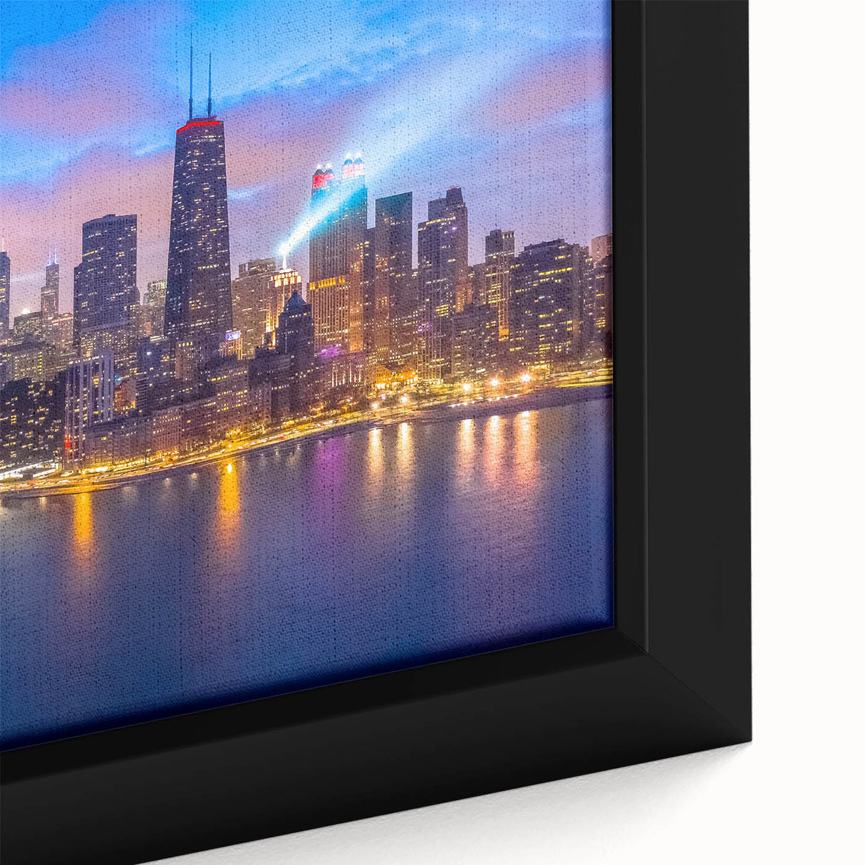 Extra large framed canvas featuring a textured depiction of the Chicago skyline in vibrant colors on a black background.