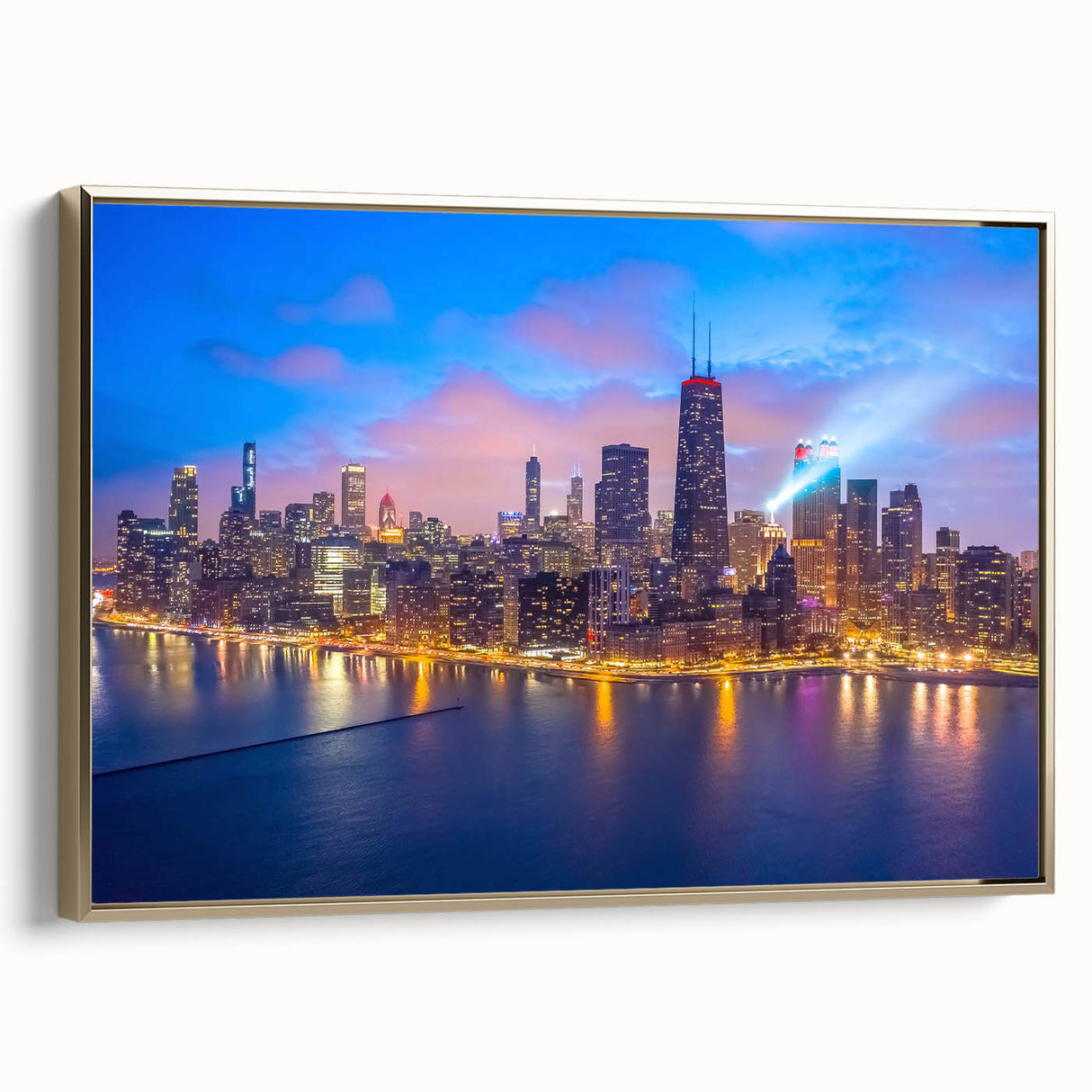 Framed canvas of Chicago skyline in black and gold tones, ideal for bedroom wall art.