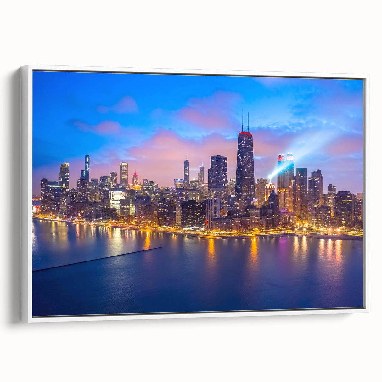 Vintage poster art of Chicago skyline in colorful hues on extra large framed canvas, suitable for living room decor.