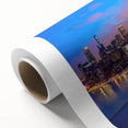 Art Deco style poster of Chicago skyline in muted blue tones on rolled canvas, ideal for nursery wall art.