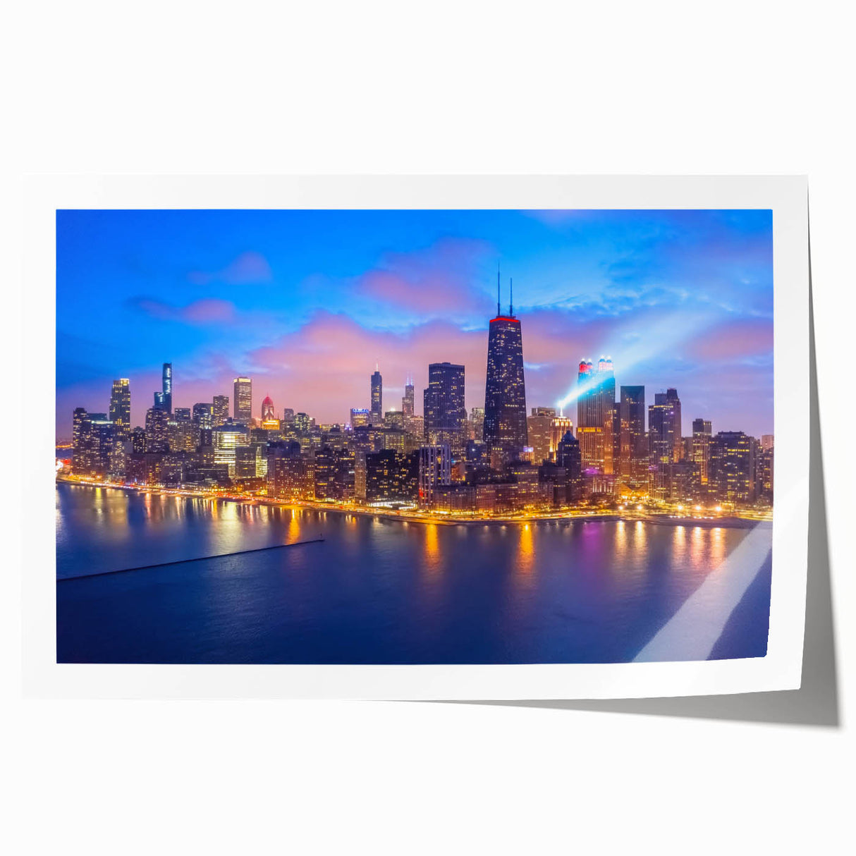 Extra large rolled print of Chicago skyline in muted gray and blue tones, ideal for art wall dining room.