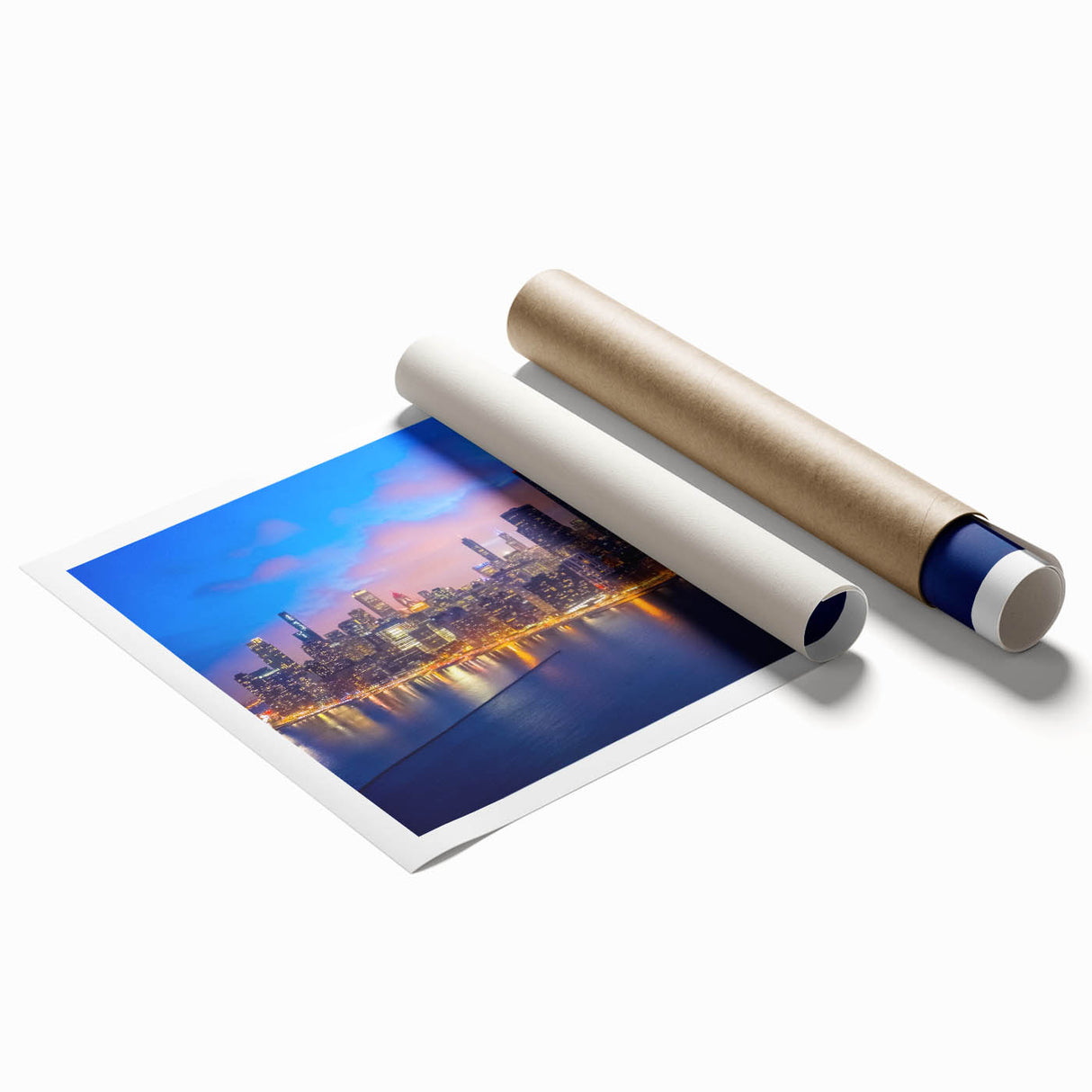 Extra large rolled print of Chicago skyline with muted blue and gray tones.