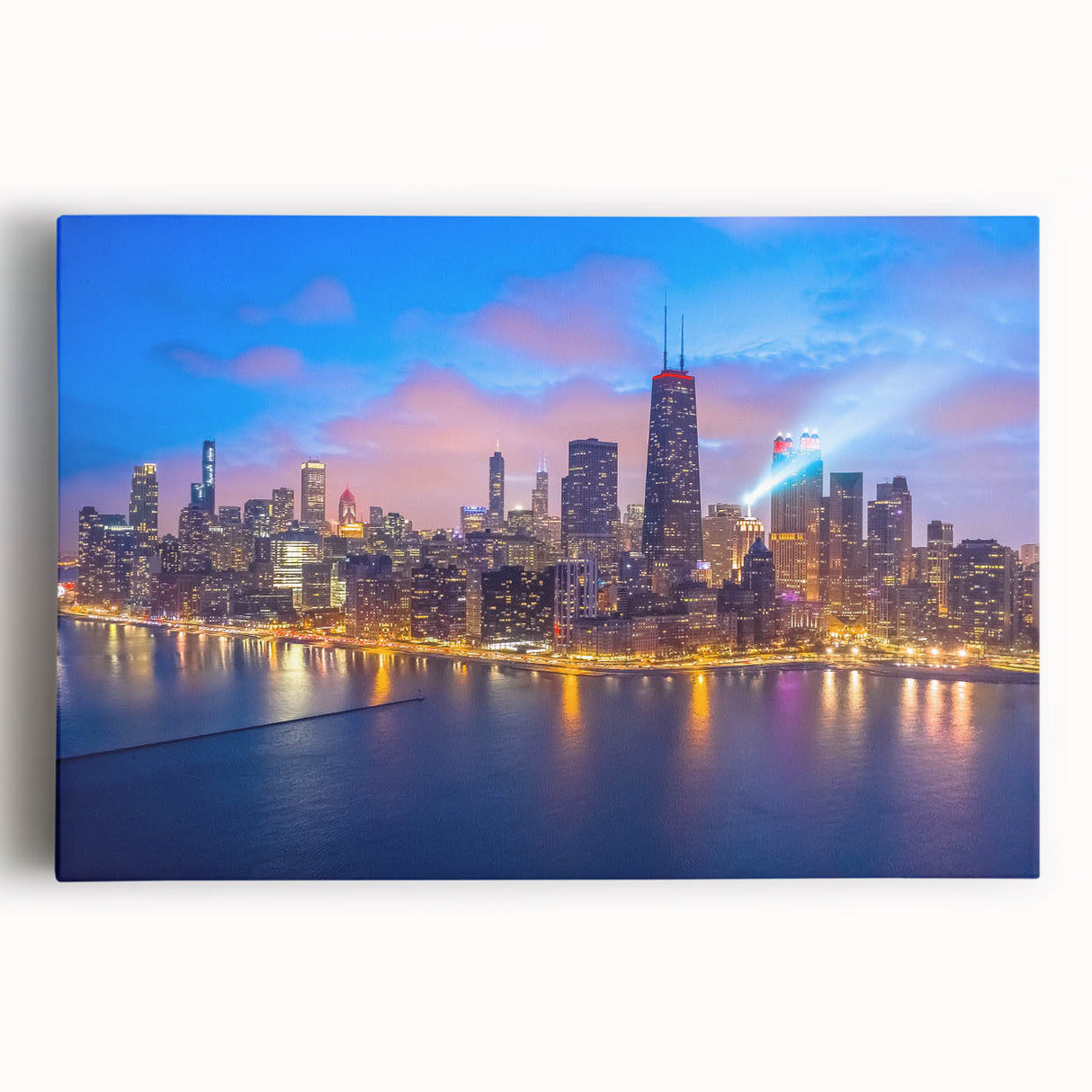 Black and white stretched canvas of the Chicago skyline, ideal for kitchen wall art.