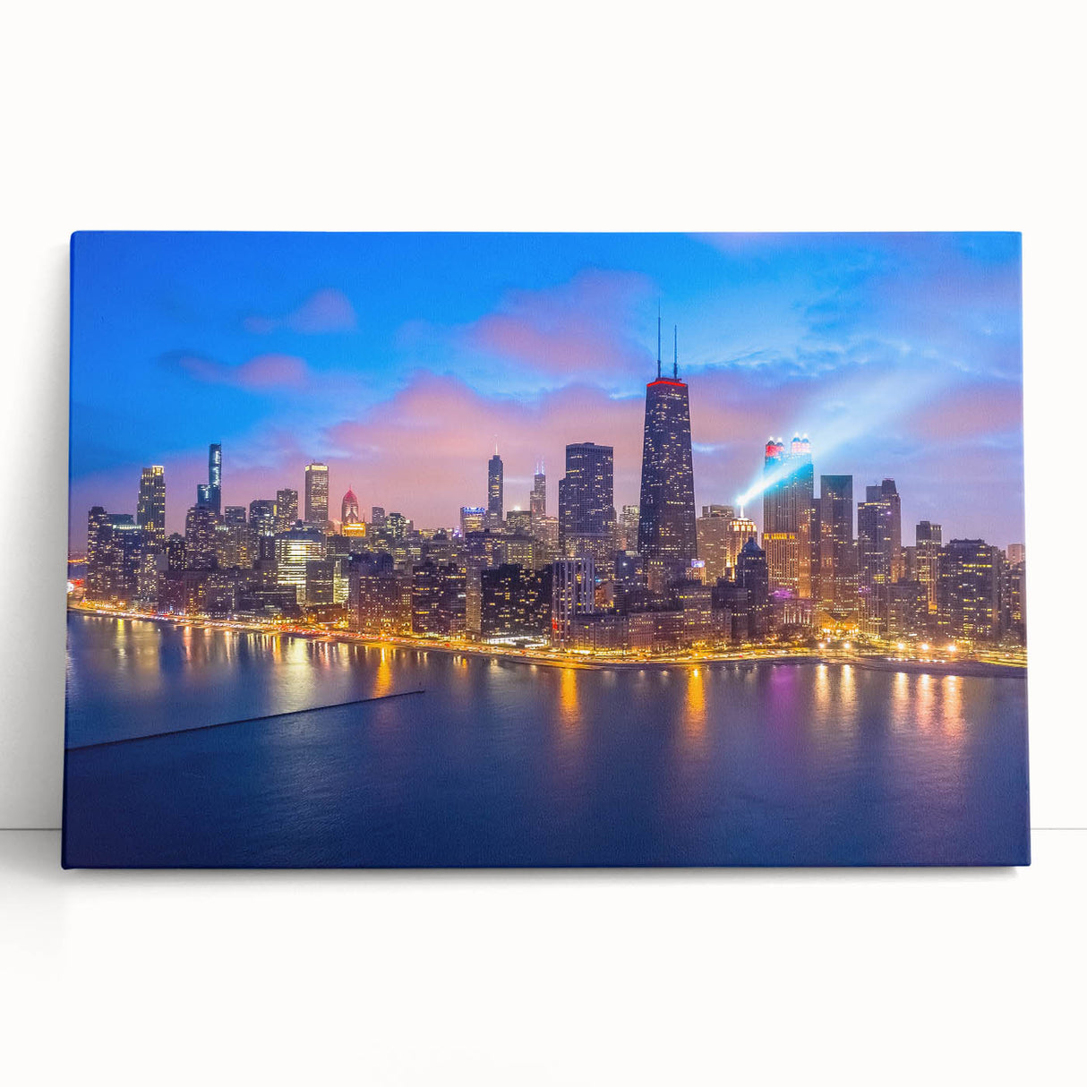 Black and white stretched canvas of Chicago skyline, large art format, ideal for kitchen wall art or bedroom ambiance.