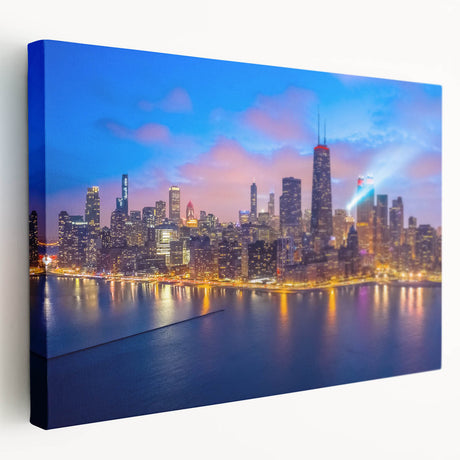 Side view of a large stretched canvas featuring the Chicago skyline in muted gray and blue tones, ideal for kitchen wall art.