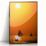 Large art print of Lake Michigan with a mid-century modernist style in gold frame, suited for modern art wall decor.