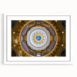 Abstract art print of Iowa scenery in muted green and blue tones on a white framed poster, ideal for dining room decor.