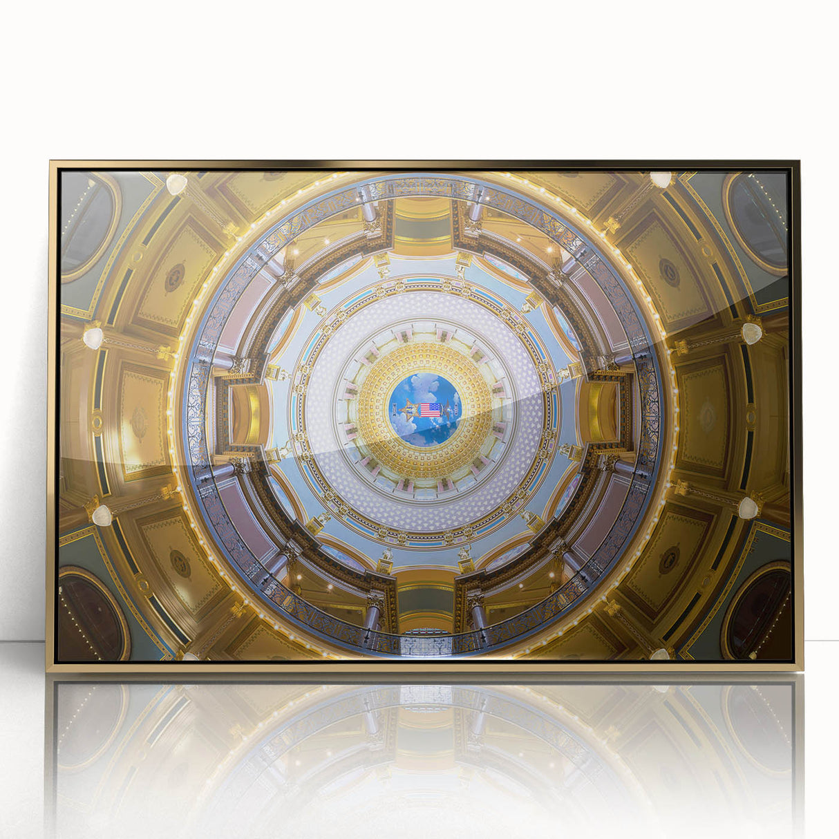 Mid-century modernist Iowa scenery on large framed acrylic print with gold hues, ideal for nursery wall art.