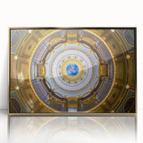 Mid-century modernist Iowa scenery on large framed acrylic print with gold hues, ideal for nursery wall art.