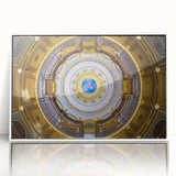 Art Deco poster of Iowa scenery in muted green and white tones on framed acrylic, great for nursery wall art.