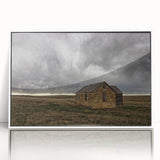 Art deco poster of Kansas scenery in muted gray and blue tones on framed acrylic, suitable for modern art wall decor.