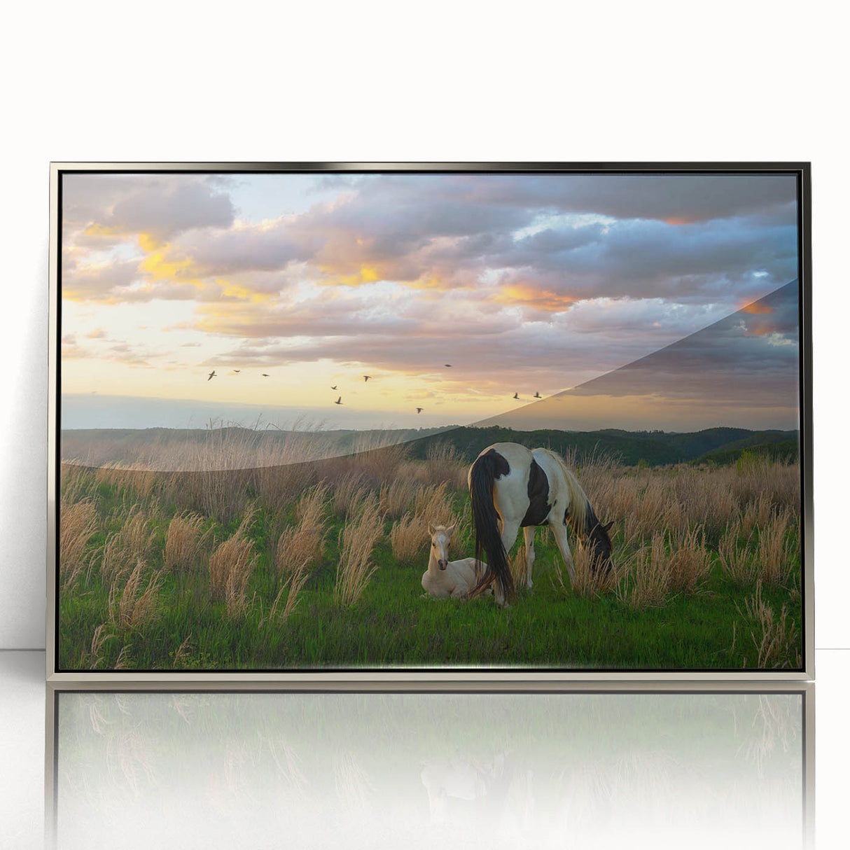 Mid-century modernist art depicting Kentucky scenery in muted earth tones on a silver-framed acrylic print.