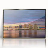 Mid-century modernist art of New Orleans skyline in silver framed acrylic, featuring muted tones.