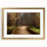 Extra large abstract art print featuring textured scenery of Louisiana in muted earth tones, framed in gold.