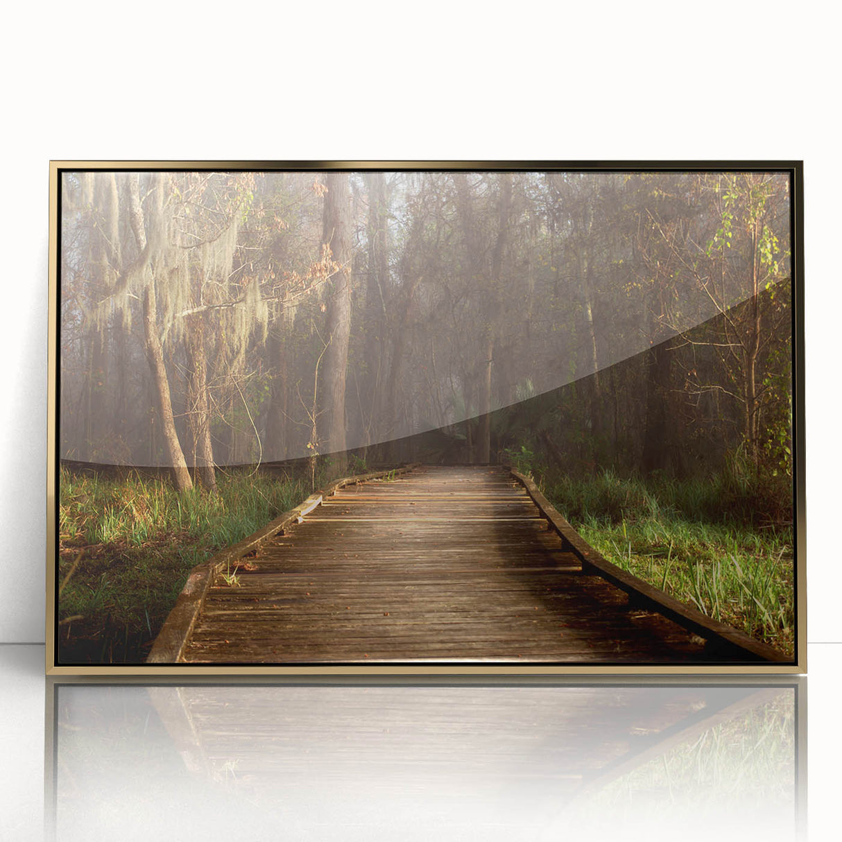 Framed acrylic print of a Louisiana landscape in mid-century modernist style, featuring muted earth tones.