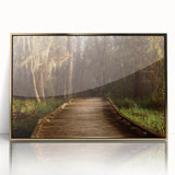 Framed acrylic print of a Louisiana landscape in mid-century modernist style, featuring muted earth tones.
