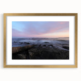 Extra large abstract art print of Acadia, Maine, in textured style with a gold frame, ideal for living room decor.