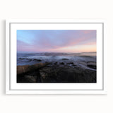 Abstract art print of Acadia, Maine, in muted blue and green tones on a white-framed canvas, suitable for dining room decor.