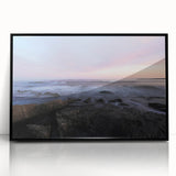 Large abstract wall art of Acadia's rocky coastline in muted earth tones on a framed acrylic.