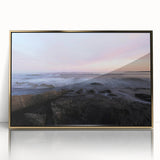 Mid-century modernist art depicting Acadia's scenery in gold acrylic frame, suitable for nursery wall art.