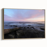 Framed canvas depicting Acadia National Park in gold and black tones, suitable as wall art for a bedroom.