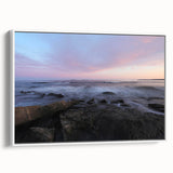 Vintage poster art of Acadia, Maine, with colorful details on a large framed canvas, ideal for living room decor.