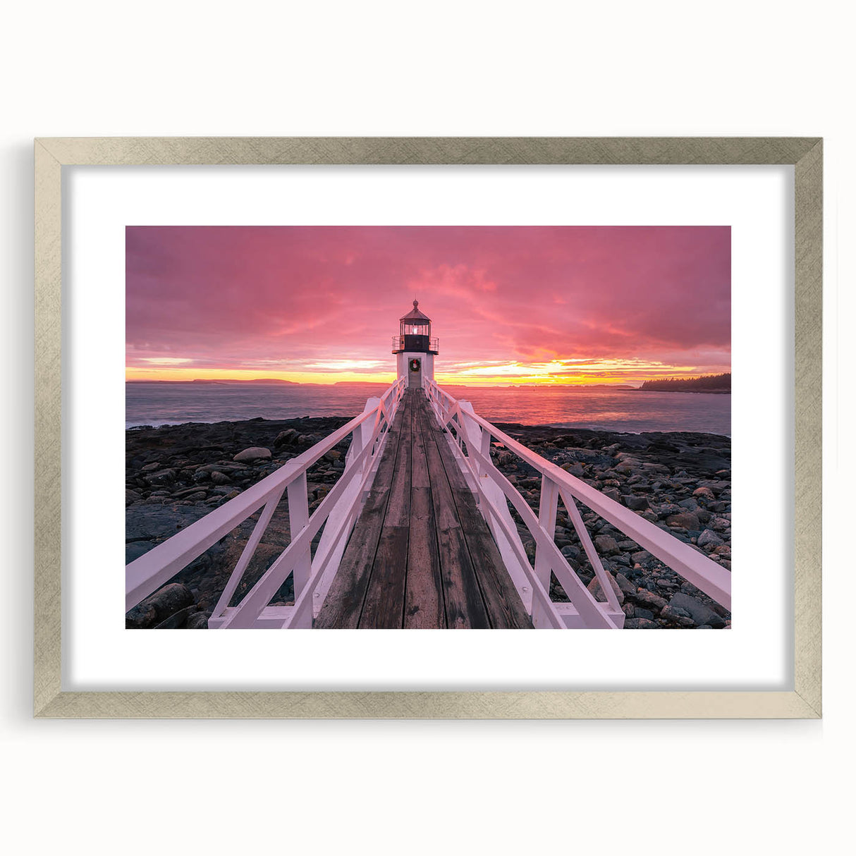 Textured abstract art print depicting a serene Maine landscape in muted earth tones, framed in silver.
