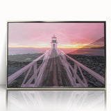 Mid-century modernist art depicting a serene Maine landscape in muted earth tones, framed in silver acrylic.