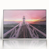 Acrylic print of a serene Maine landscape in muted green and blue tones, framed in white.