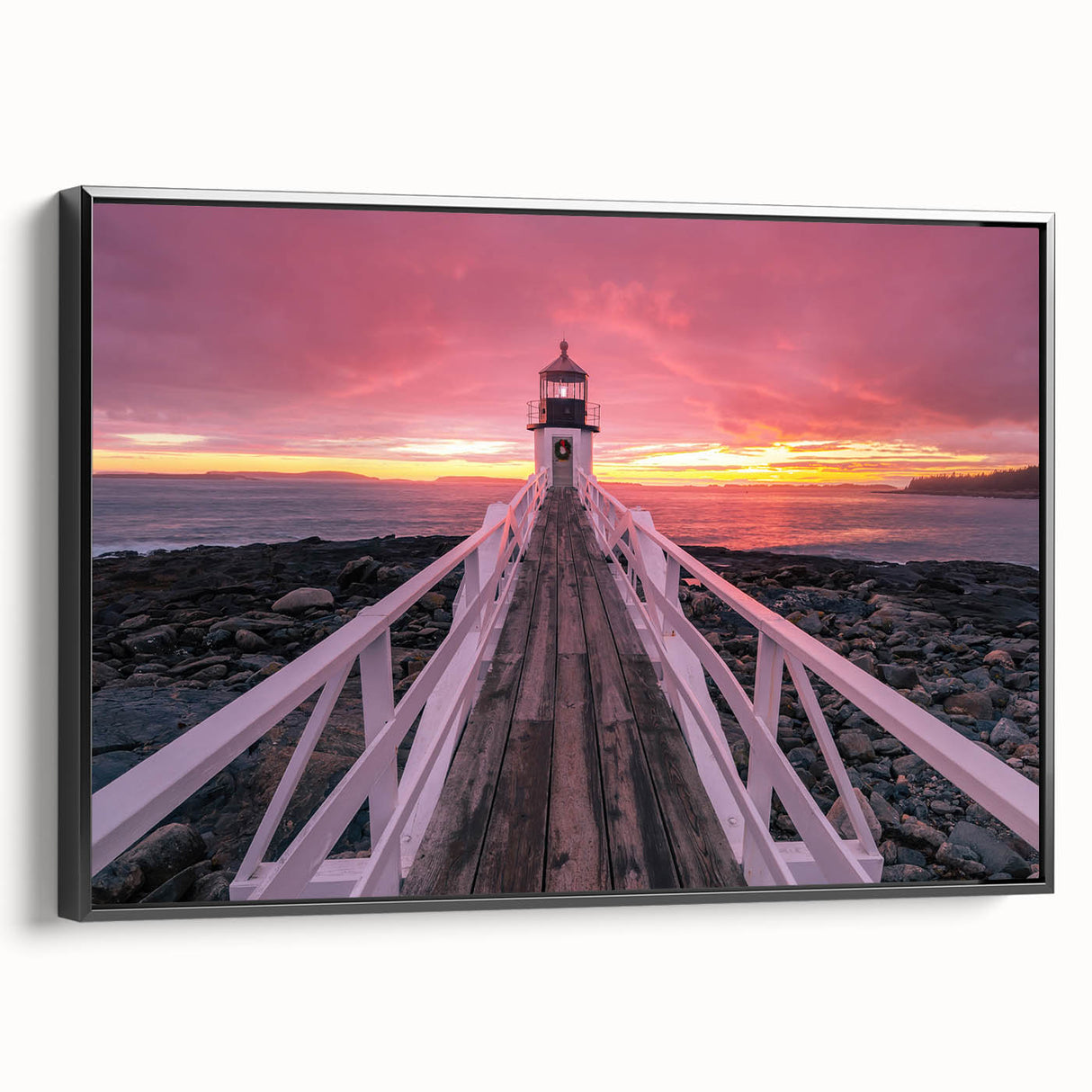 Black and white wall art featuring a Maine landscape on framed canvas, ideal for bedroom decor.