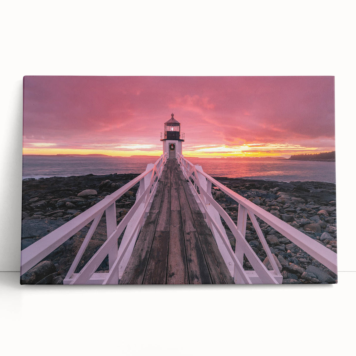 Black and white scenic photo of Maine coastline on stretched canvas.