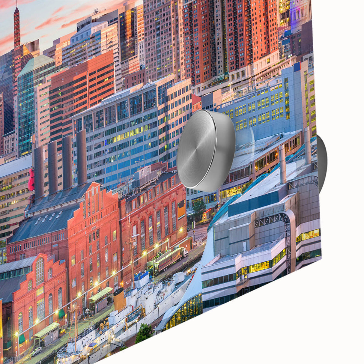 Large abstract wall art depicting the Baltimore skyline in vibrant twilight hues, printed on acrylic glass.